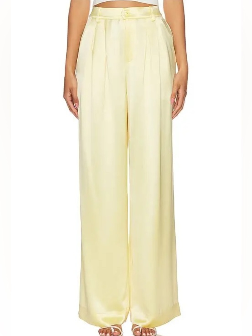 CAMI NYC Davina Sunlight Pale Yellow Wide Leg Satin Trousers Flowy & Silky Pants